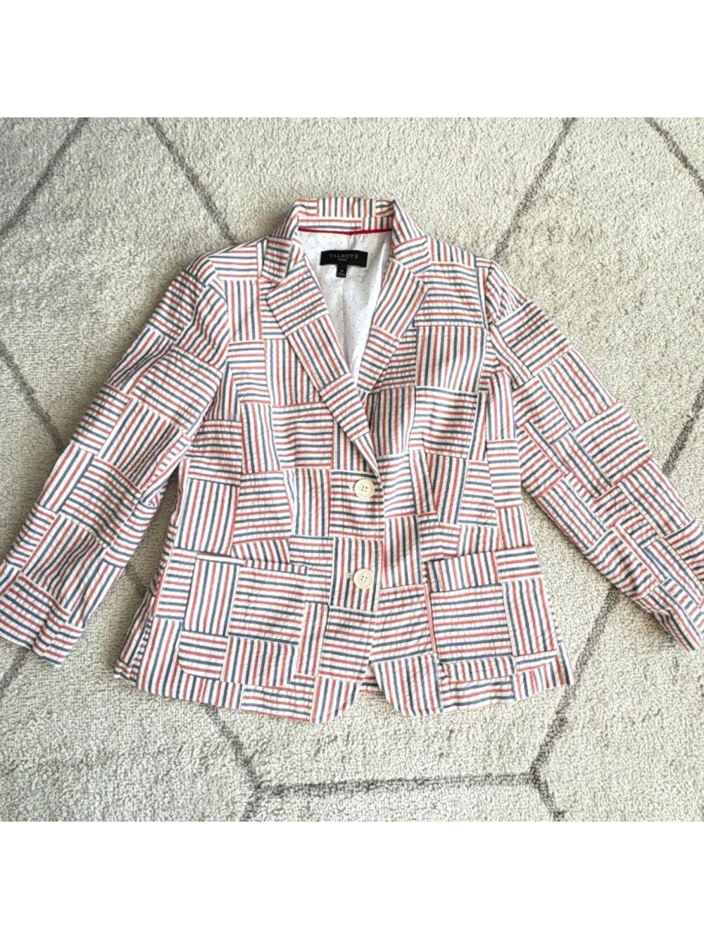 Talbots Patchwork Stripe Blazer Red Blue White Patriotic Nautical Preppy 2P